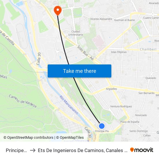 Príncipe Pío to Ets De Ingenieros De Caminos, Canales Y Puertos map