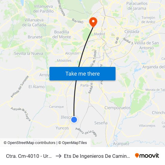 Ctra. Cm-4010 - Urb. Los Pradillos to Ets De Ingenieros De Caminos, Canales Y Puertos map