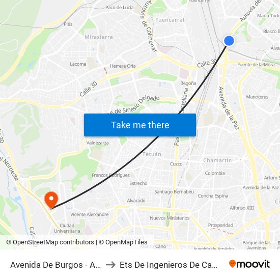 Avenida De Burgos - Avenida De Manoteras to Ets De Ingenieros De Caminos, Canales Y Puertos map