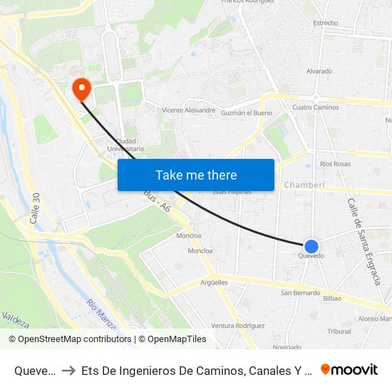 Quevedo to Ets De Ingenieros De Caminos, Canales Y Puertos map