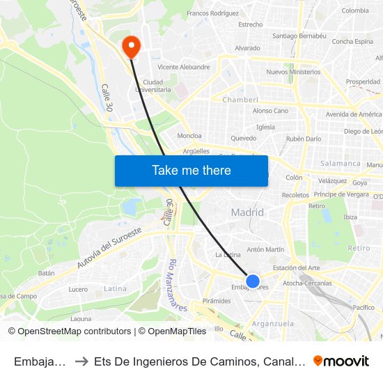 Embajadores to Ets De Ingenieros De Caminos, Canales Y Puertos map