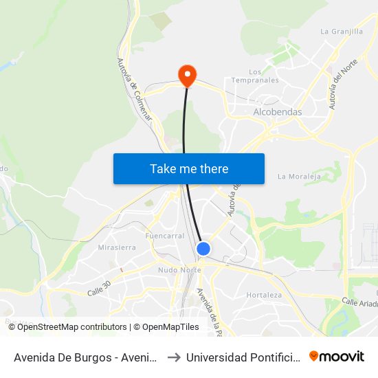 Avenida De Burgos - Avenida De Manoteras to Universidad Pontificia De Comillas map