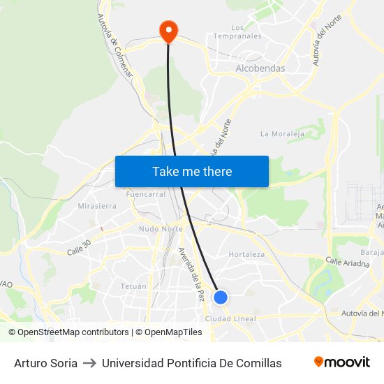 Arturo Soria to Universidad Pontificia De Comillas map