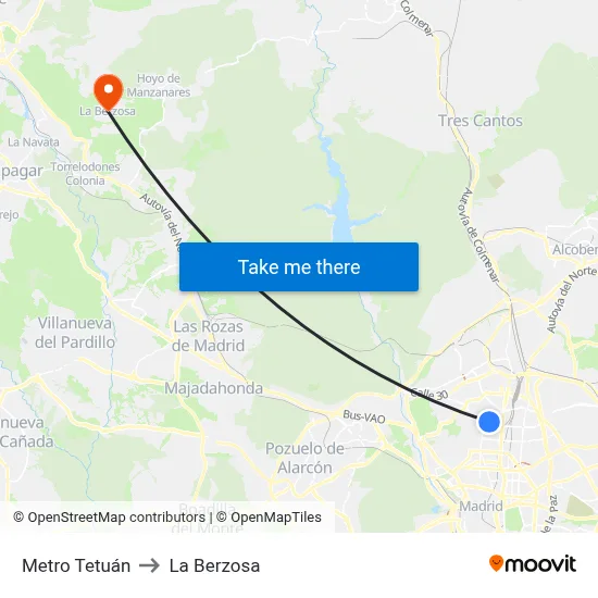 Metro Tetuán to La Berzosa map
