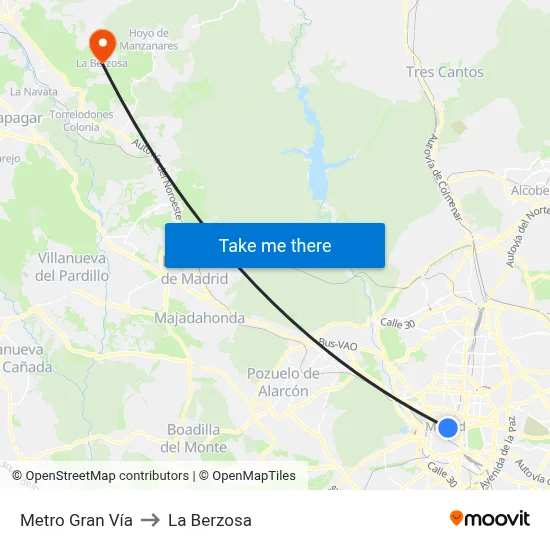 Metro Gran Vía to La Berzosa map
