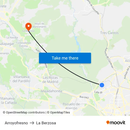 Arroyofresno to La Berzosa map