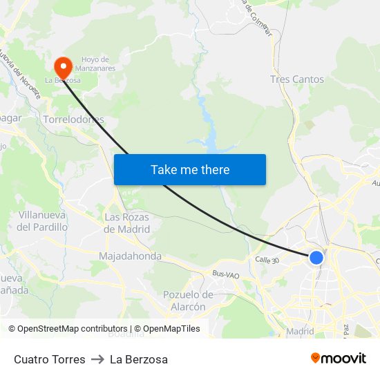 Cuatro Torres to La Berzosa map