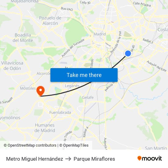 Metro Miguel Hernández to Parque Miraflores map