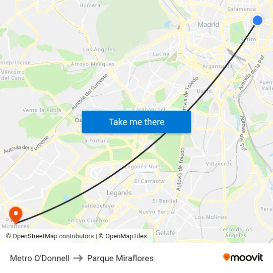 Metro O'Donnell to Parque Miraflores map