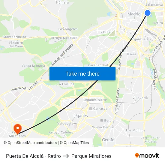 Puerta De Alcalá - Retiro to Parque Miraflores map