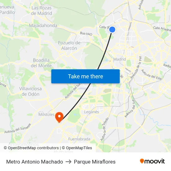 Metro Antonio Machado to Parque Miraflores map