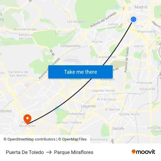 Puerta De Toledo to Parque Miraflores map