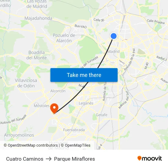 Cuatro Caminos to Parque Miraflores map