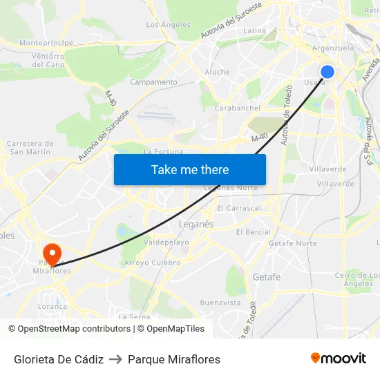 Glorieta De Cádiz to Parque Miraflores map