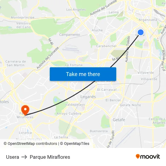 Usera to Parque Miraflores map