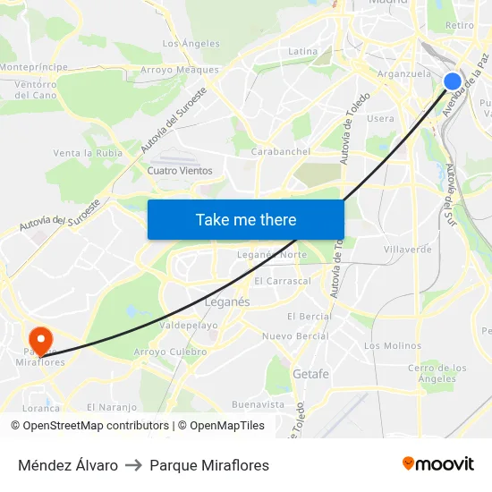 Méndez Álvaro to Parque Miraflores map