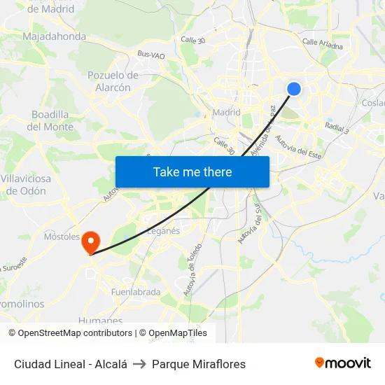 Ciudad Lineal - Alcalá to Parque Miraflores map