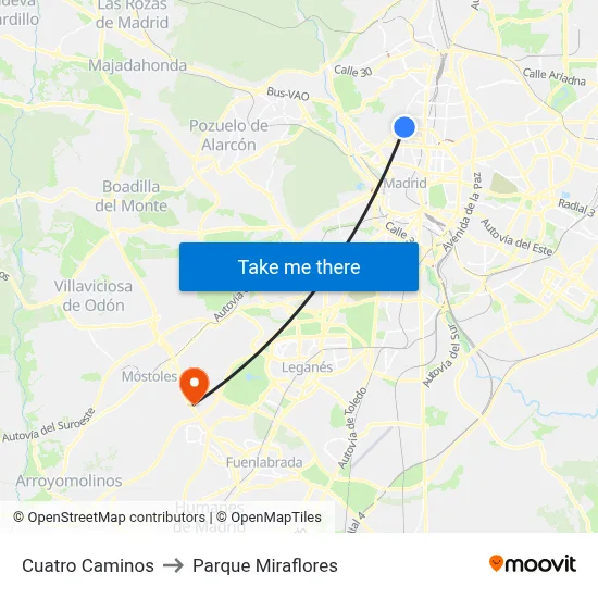 Cuatro Caminos to Parque Miraflores map