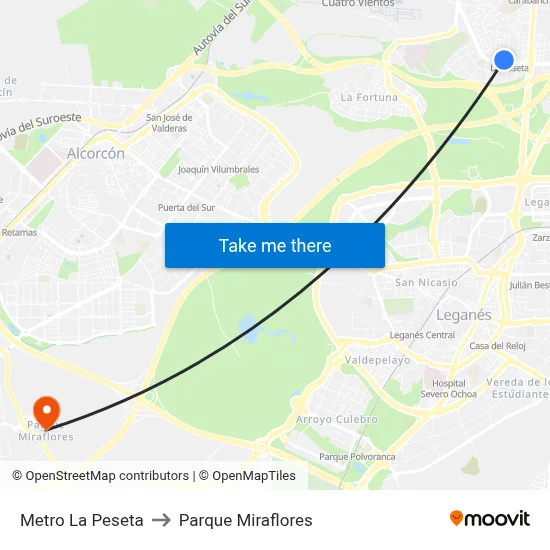 Metro La Peseta to Parque Miraflores map