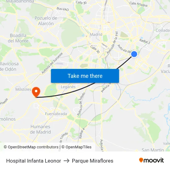Hospital Infanta Leonor to Parque Miraflores map