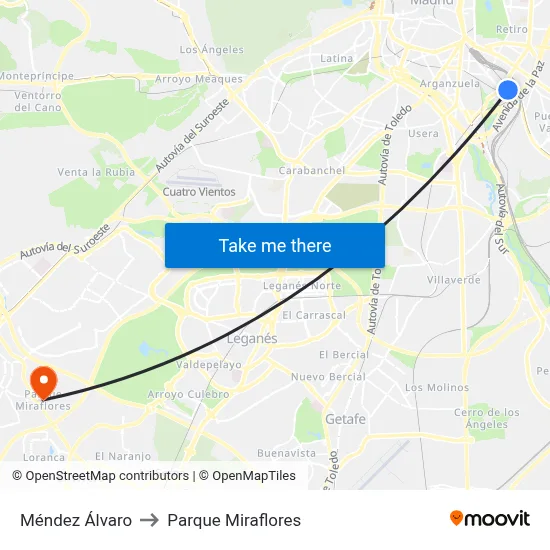 Méndez Álvaro to Parque Miraflores map