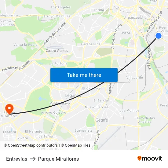 Entrevías to Parque Miraflores map