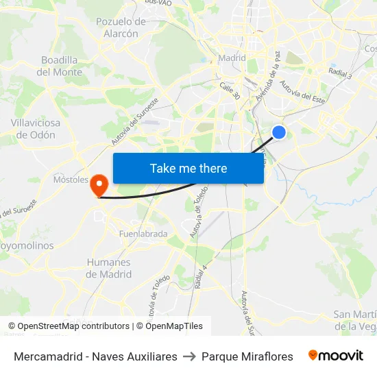 Mercamadrid - Naves Auxiliares to Parque Miraflores map