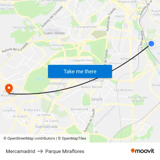 Mercamadrid to Parque Miraflores map