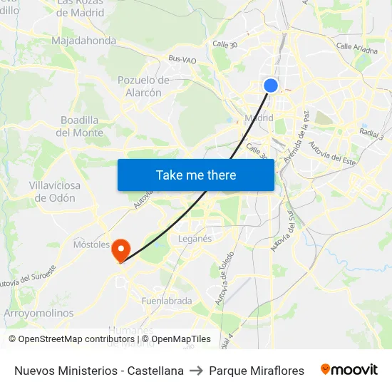 Nuevos Ministerios - Castellana to Parque Miraflores map