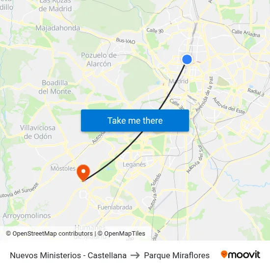 Nuevos Ministerios - Castellana to Parque Miraflores map