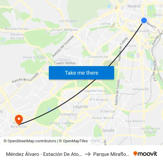 Méndez Álvaro - Estación De Atocha to Parque Miraflores map