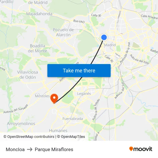 Moncloa to Parque Miraflores map