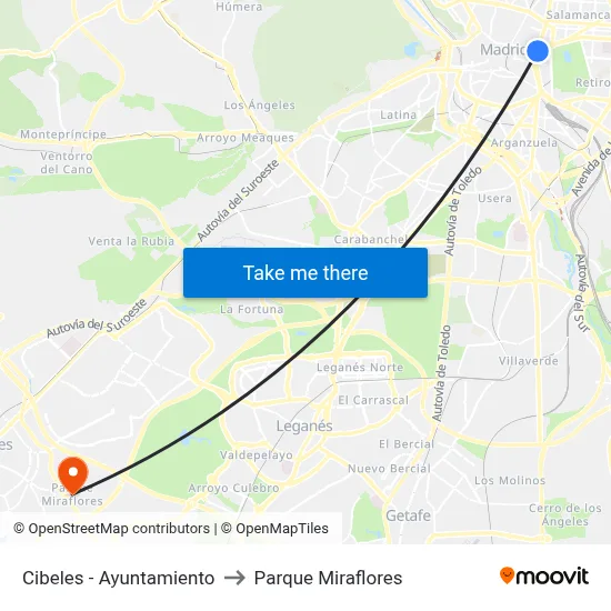 Cibeles - Ayuntamiento to Parque Miraflores map