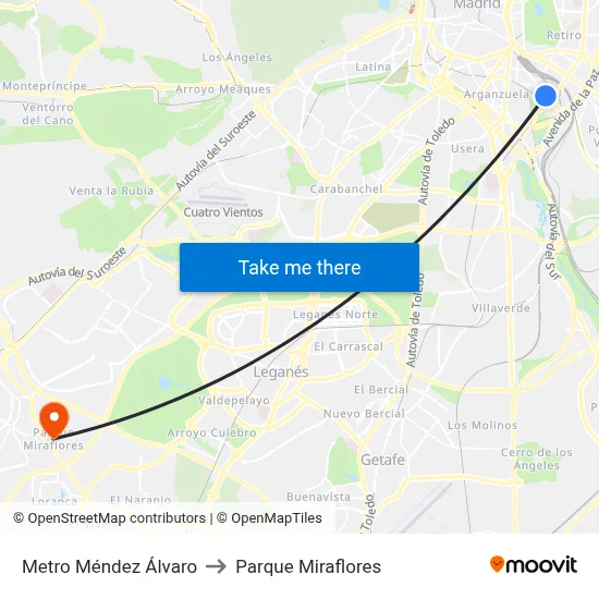 Metro Méndez Álvaro to Parque Miraflores map