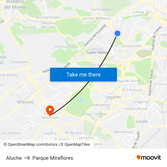 Aluche to Parque Miraflores map