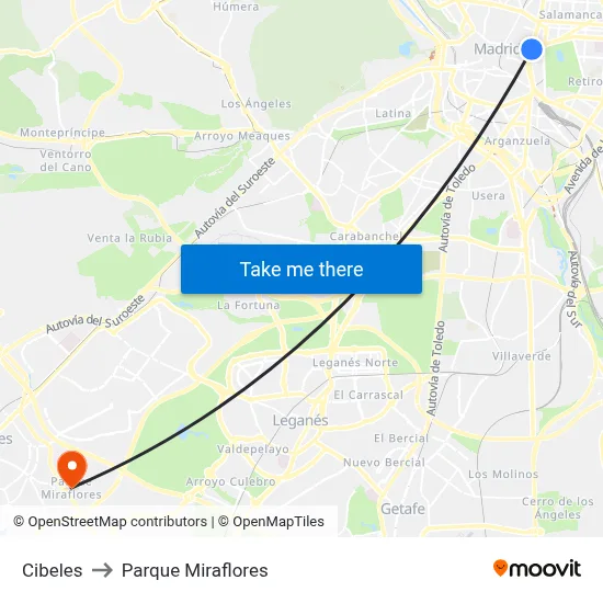Cibeles to Parque Miraflores map