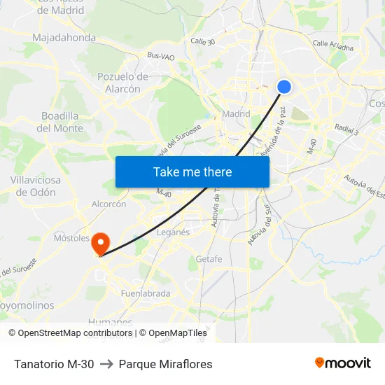 Tanatorio M-30 to Parque Miraflores map