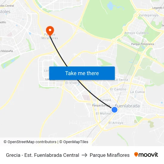 Grecia - Est. Fuenlabrada Central to Parque Miraflores map