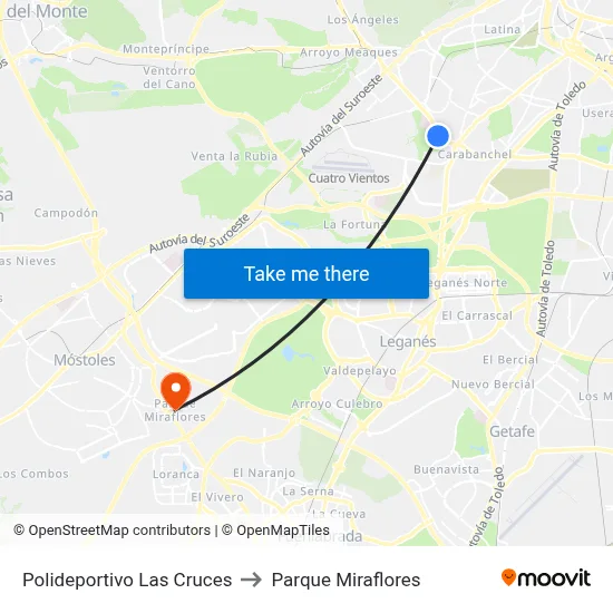 Polideportivo Las Cruces to Parque Miraflores map