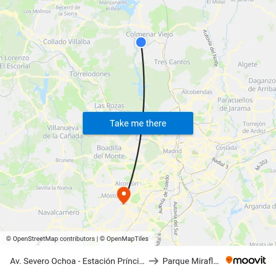 Av. Severo Ochoa - Estación Príncipe Pío to Parque Miraflores map