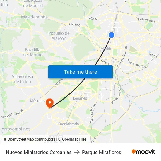 Nuevos Ministerios Cercanías to Parque Miraflores map