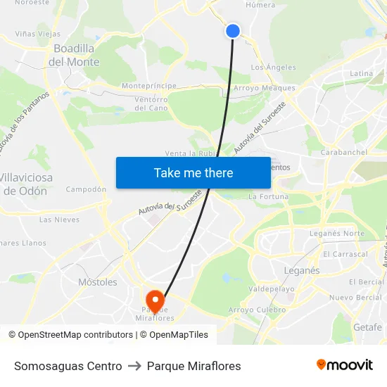 Somosaguas Centro to Parque Miraflores map