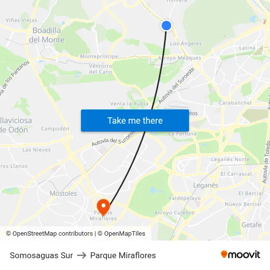 Somosaguas Sur to Parque Miraflores map