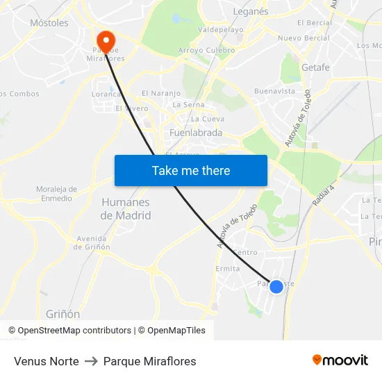 Venus Norte to Parque Miraflores map