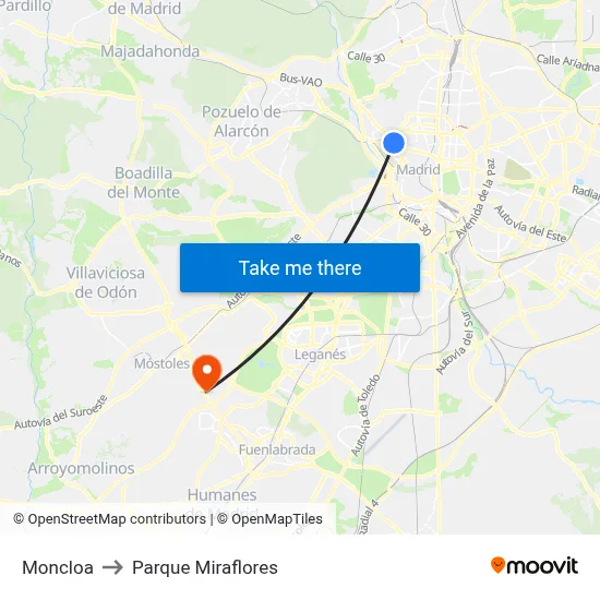 Moncloa to Parque Miraflores map