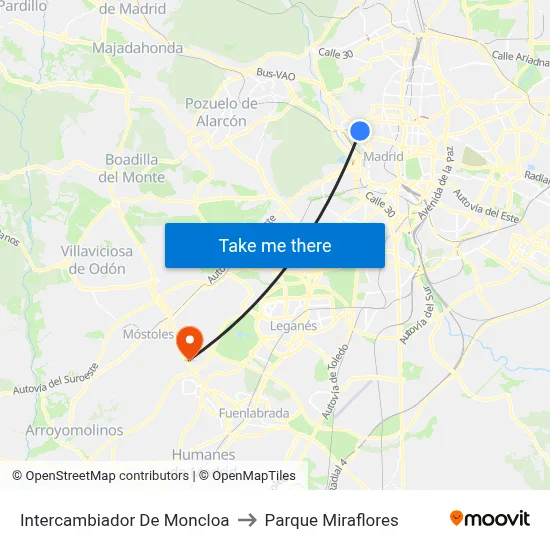 Intercambiador De Moncloa to Parque Miraflores map