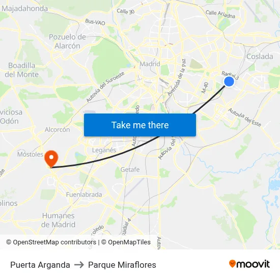 Puerta Arganda to Parque Miraflores map