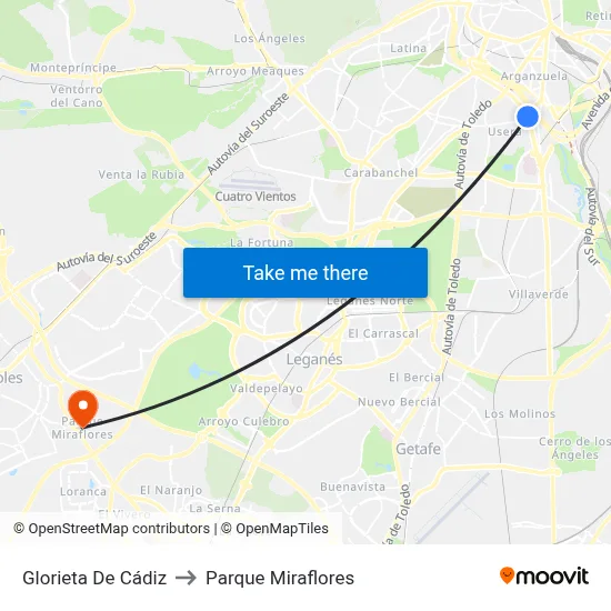Glorieta De Cádiz to Parque Miraflores map