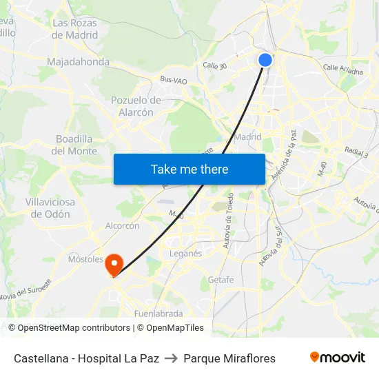 Castellana - Hospital La Paz to Parque Miraflores map