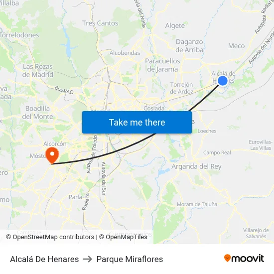 Alcalá De Henares to Parque Miraflores map